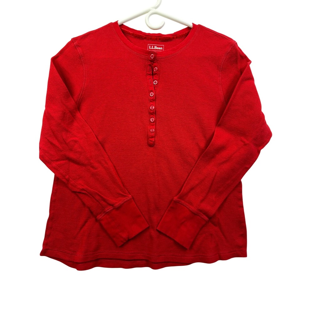 LLBean Red Thermal Henley Waffle Long Sleeve T Shirt Women‎ Size L Pet
